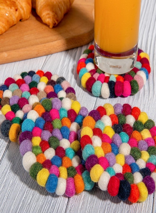 Eiyye Wool Felt Coasters 4 Pack Handmade Round Drink Coasters Absorbent Non-Slip Boho Style Cup Mats 4'' Colorful Coasters for Home Kitchen Office Table Decor - Image 4